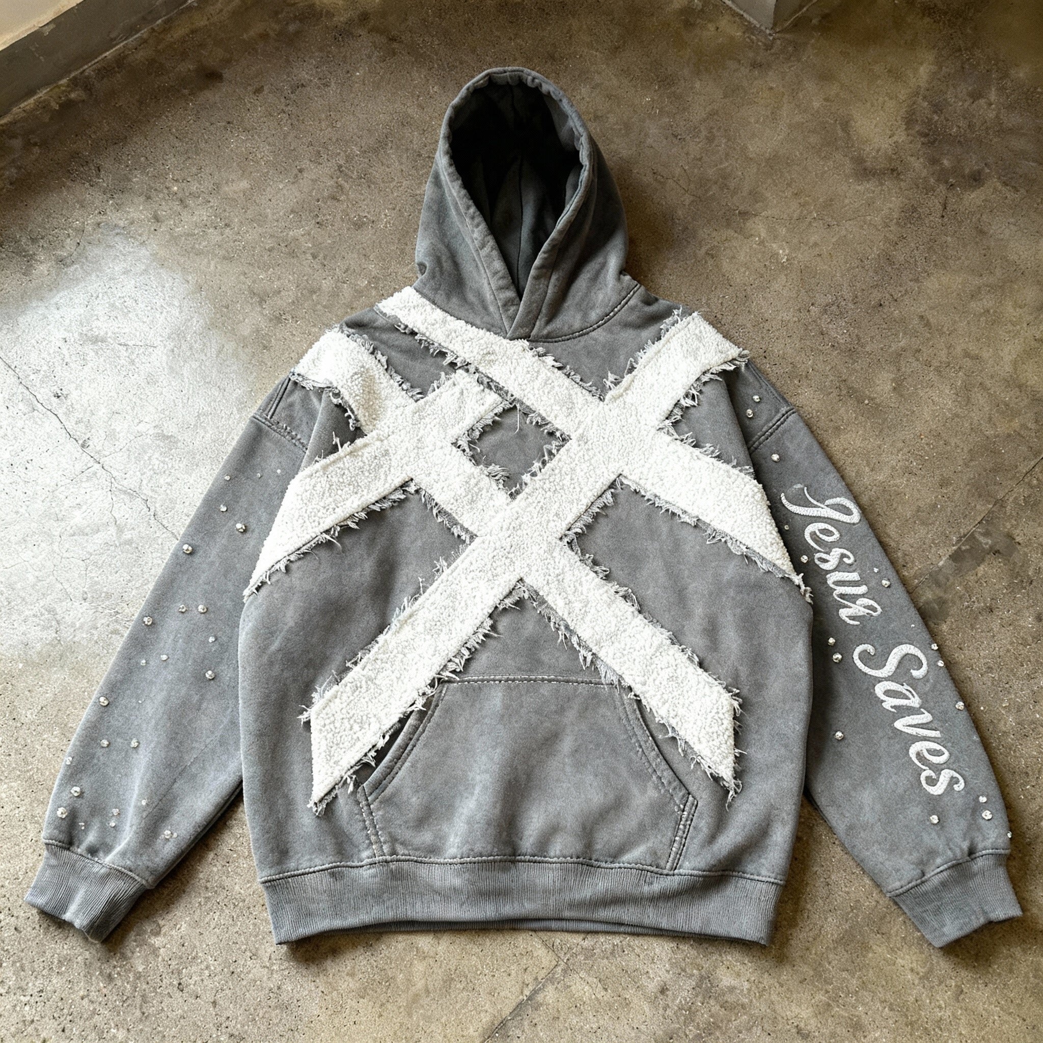 "STITCHED CROSS" - Distressed Crystal Hoodie