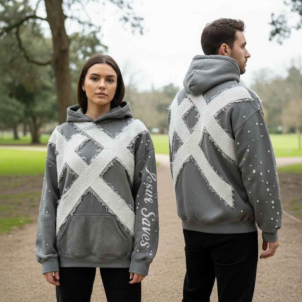 "STITCHED CROSS" - Distressed Crystal Hoodie