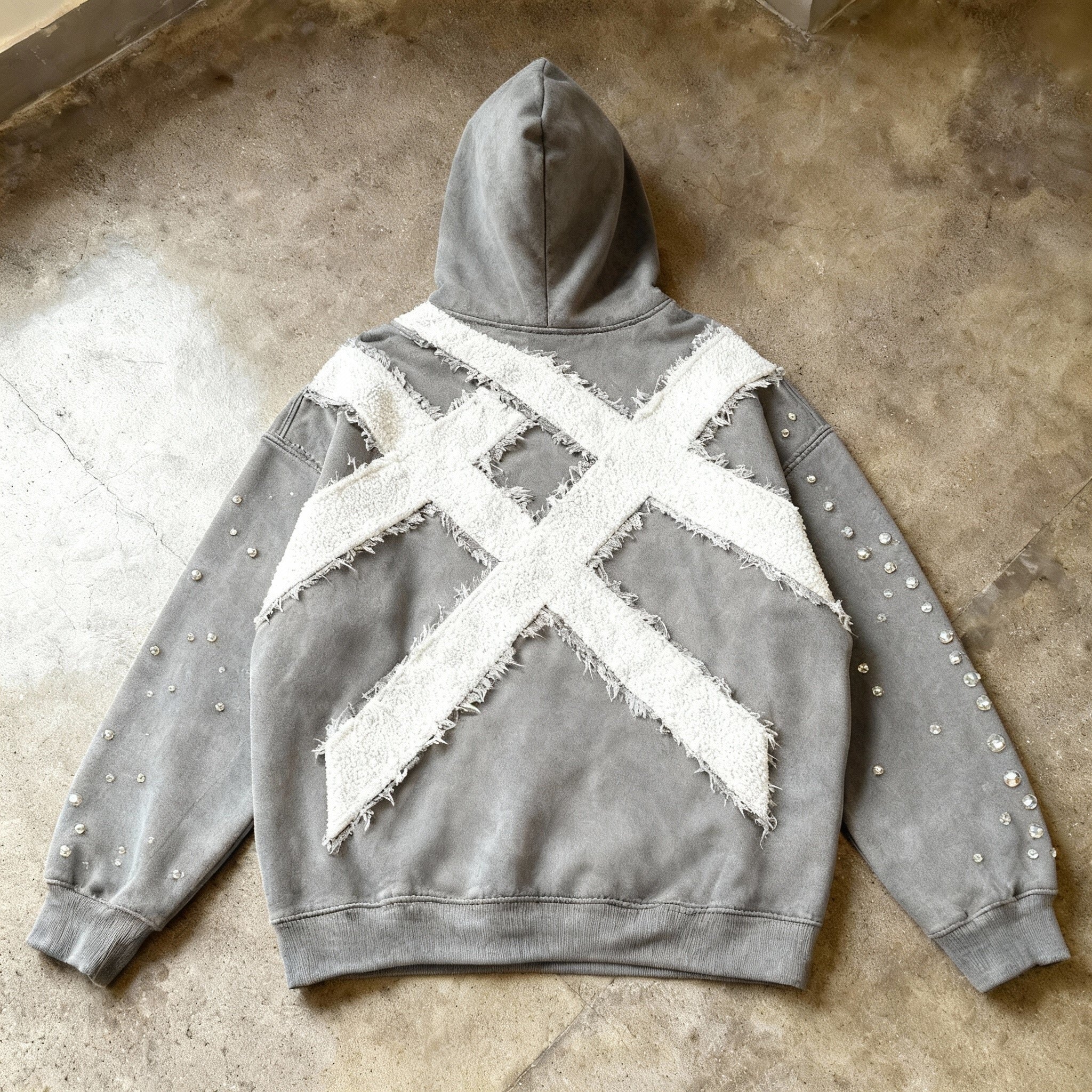"STITCHED CROSS" - Distressed Crystal Hoodie