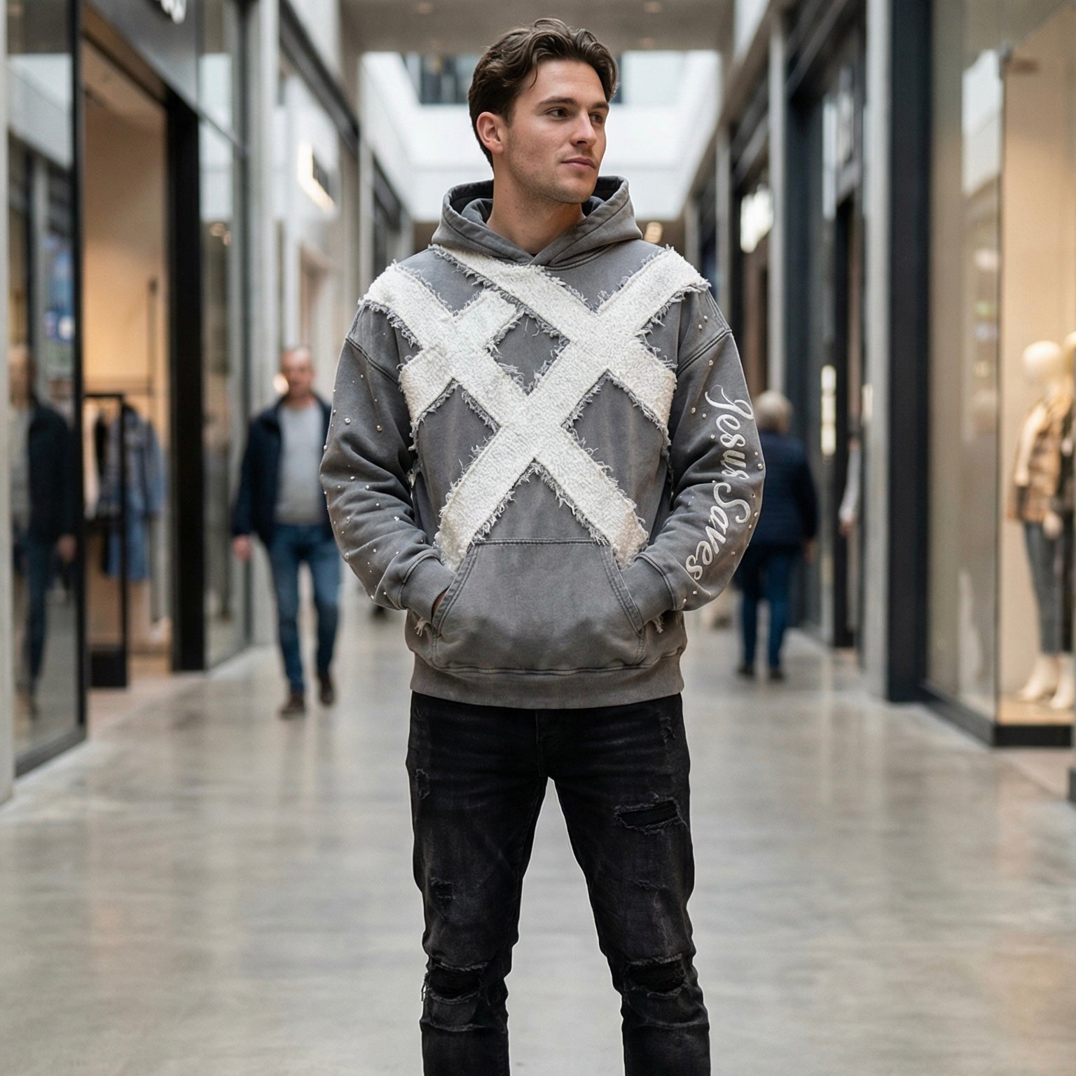 "STITCHED CROSS" - Distressed Crystal Hoodie